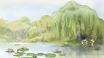 Movie still from “The Big Bad Fox and Other Tales” (2017), directed by Patrick Imbert – A cartoon of a pond with water lilies in the water; Extreme Wide shot, Low angle