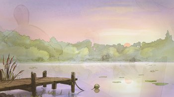 Movie still from “The Big Bad Fox and Other Tales” (2017), directed by Patrick Imbert – A painting of a dock on a lake with trees in the background; Extreme Wide shot, Low angle