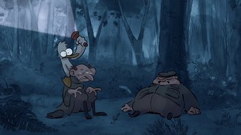 Movie still from “The Big Bad Fox and Other Tales” (2017), directed by Patrick Imbert – An animated scene of a man and a bird; Wide shot, High angle