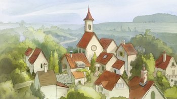 Movie still from “The Big Bad Fox and Other Tales” (2017), directed by Patrick Imbert – An illustration of a town with a clock on the top; Extreme Wide shot, High angle