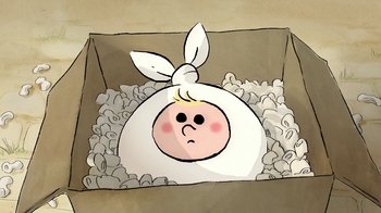 Movie still from “The Big Bad Fox and Other Tales” (2017), directed by Patrick Imbert – A drawing of a person in a cardboard box; Extreme Close Up shot, High angle