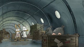 Movie still from “The Big Bad Fox and Other Tales” (2017), directed by Patrick Imbert – A group of cartoon characters in an underground tunnel; Wide shot, High angle