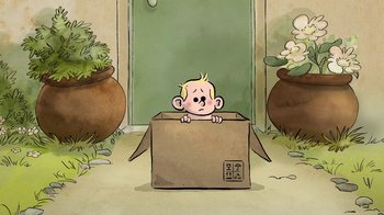 Movie still from “The Big Bad Fox and Other Tales” (2017), directed by Patrick Imbert – An illustration of a baby in a box; Wide shot, High angle