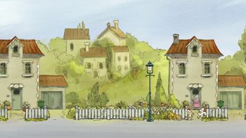 Movie still from “The Big Bad Fox and Other Tales” (2017), directed by Patrick Imbert – An illustration of a street light and some houses; Extreme Wide shot, High angle