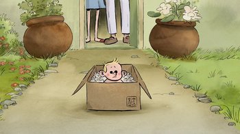 Movie still from “The Big Bad Fox and Other Tales” (2017), directed by Patrick Imbert – An illustration of a baby in a cardboard box; Close Up shot, Overhead angle