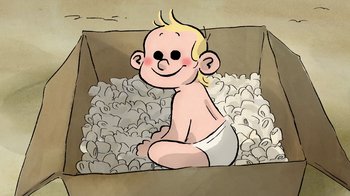 Movie still from “The Big Bad Fox and Other Tales” (2017), directed by Patrick Imbert – A drawing of a baby sitting in a box; Close Up shot, High angle