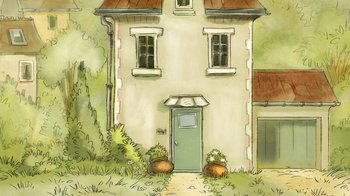 Movie still from “The Big Bad Fox and Other Tales” (2017), directed by Patrick Imbert – An illustration of a house with a green door; Extreme Wide shot, High angle