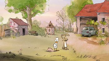 Movie still from “The Big Bad Fox and Other Tales” (2017), directed by Patrick Imbert – Two cartoon characters in the middle of a dirt road; Wide shot, Over the shoulder angle