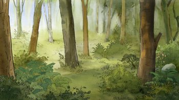 Movie still from “The Big Bad Fox and Other Tales” (2017), directed by Patrick Imbert – A painting of trees in the woods with green grass; Extreme Wide shot, High angle