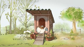 Movie still from “The Big Bad Fox and Other Tales” (2017), directed by Patrick Imbert – An illustration of a chicken in a doghouse; Wide shot, Low angle