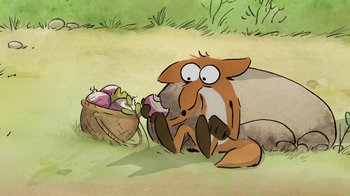Movie still from “The Big Bad Fox and Other Tales” (2017), directed by Patrick Imbert – An animal sitting in the grass next to a bushel of fruit; Medium shot, High angle