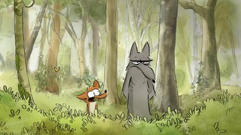 Movie still from “The Big Bad Fox and Other Tales” (2017), directed by Patrick Imbert – A cartoon of a fox and a wolf in the woods; Wide shot, Over the shoulder angle