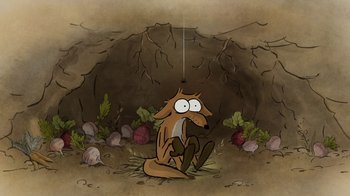Movie still from “The Big Bad Fox and Other Tales” (2017), directed by Patrick Imbert – An illustration of an animal sitting in the dirt; Wide shot, Overhead angle