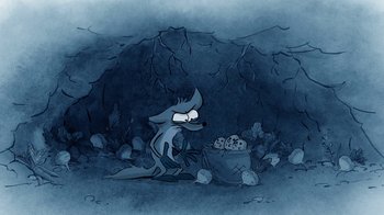 Movie still from “The Big Bad Fox and Other Tales” (2017), directed by Patrick Imbert – An illustration of a dog sitting next to a pot of skulls; Wide shot, High angle