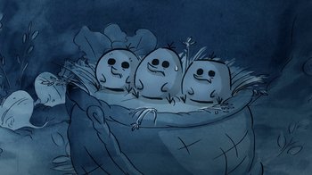 Movie still from “The Big Bad Fox and Other Tales” (2017), directed by Patrick Imbert – A group of three people sitting in a basket; Extreme Close Up shot, High angle