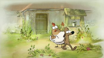 Movie still from “The Big Bad Fox and Other Tales” (2017), directed by Patrick Imbert – A dog and a chicken are walking in a yard; Wide shot, High angle