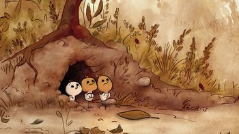 Movie still from “The Big Bad Fox and Other Tales” (2017), directed by Patrick Imbert – A group of birds standing next to each other in front of a cave; Extreme Close Up shot, High angle