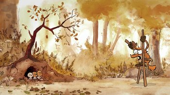 Movie still from “The Big Bad Fox and Other Tales” (2017), directed by Patrick Imbert – An artistic painting of a forest with trees and leaves; Extreme Wide shot, Low angle