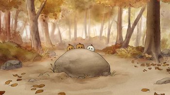 Movie still from “The Big Bad Fox and Other Tales” (2017), directed by Patrick Imbert – A painting of a couple of people sitting on top of a rock in the middle of a forest; Extreme Wide shot, High angle