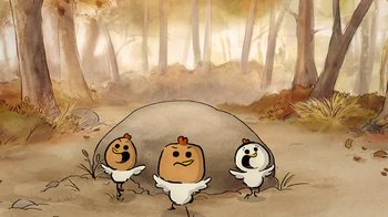 Movie still from “The Big Bad Fox and Other Tales” (2017), directed by Patrick Imbert – A group of chickens standing next to each other in the woods; Extreme Close Up shot, High angle