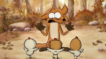 Movie still from “The Big Bad Fox and Other Tales” (2017), directed by Patrick Imbert – A cartoon of a dog surrounded by birds; Medium shot, High angle