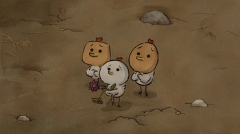 Movie still from “The Big Bad Fox and Other Tales” (2017), directed by Patrick Imbert – Three cartoon chickens standing next to each other on a field; Extreme Close Up shot, High angle