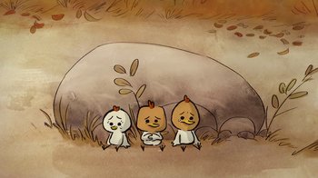 Movie still from “The Big Bad Fox and Other Tales” (2017), directed by Patrick Imbert – A group of chickens sitting next to each other in a field; Extreme Close Up shot, High angle