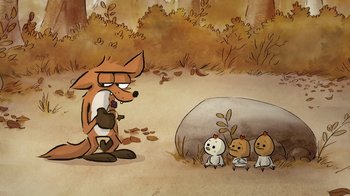 Movie still from “The Big Bad Fox and Other Tales” (2017), directed by Patrick Imbert – An illustration of a fox and three babies in the woods; Wide shot, High angle