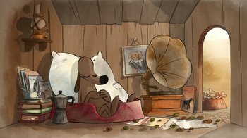 Movie still from “The Big Bad Fox and Other Tales” (2017), directed by Patrick Imbert – A dog sitting on a pillow next to an old record player; Wide shot, High angle