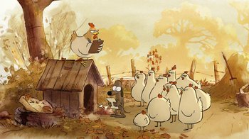Movie still from “The Big Bad Fox and Other Tales” (2017), directed by Patrick Imbert – Many chickens that are standing in the grass; Wide shot, High angle