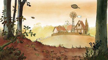 Movie still from “The Big Bad Fox and Other Tales” (2017), directed by Patrick Imbert – An illustration of a farm house with a windmill in the background; Extreme Wide shot, High angle