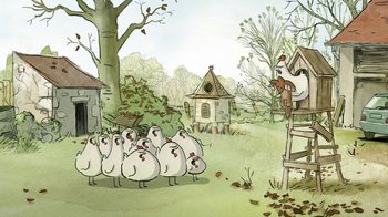 Movie still from “The Big Bad Fox and Other Tales” (2017), directed by Patrick Imbert – A flock of chickens in the yard; Wide shot, High angle