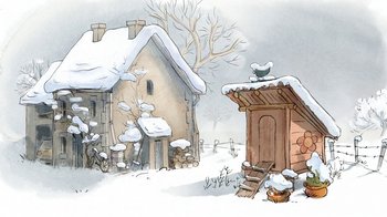 Movie still from “The Big Bad Fox and Other Tales” (2017), directed by Patrick Imbert – An illustration of a house and a shed in the snow; Extreme Wide shot, Low angle