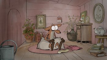Movie still from “The Big Bad Fox and Other Tales” (2017), directed by Patrick Imbert – An animated dog sitting on the floor in a living room; Wide shot, High angle