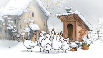 Movie still from “The Big Bad Fox and Other Tales” (2017), directed by Patrick Imbert – A group of white chickens standing in the snow; Extreme Wide shot, High angle