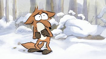 Movie still from “The Big Bad Fox and Other Tales” (2017), directed by Patrick Imbert – A cartoon of an animal standing in the snow; Medium shot, High angle