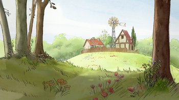 Movie still from “The Big Bad Fox and Other Tales” (2017), directed by Patrick Imbert – An illustration of a farm with a windmill in the background; Extreme Wide shot, High angle