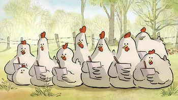 Movie still from “The Big Bad Fox and Other Tales” (2017), directed by Patrick Imbert – A group of chickens sitting on top of each other; Wide shot, High angle