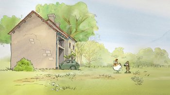 Movie still from “The Big Bad Fox and Other Tales” (2017), directed by Patrick Imbert – An illustration of a house and a car in a field; Extreme Wide shot, Over the shoulder angle