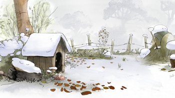 Movie still from “The Big Bad Fox and Other Tales” (2017), directed by Patrick Imbert – An illustration of a dog house in the middle of a snowy field; Extreme Wide shot, High angle