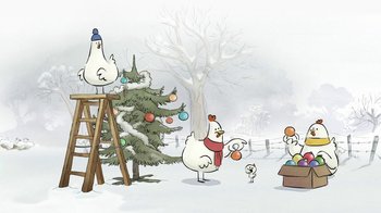 Movie still from “The Big Bad Fox and Other Tales” (2017), directed by Patrick Imbert – A group of chickens standing next to a christmas tree in the snow; Extreme Wide shot, Low angle