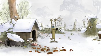 Movie still from “The Big Bad Fox and Other Tales” (2017), directed by Patrick Imbert – A dog standing on its hind legs near a dog house; Wide shot, High angle