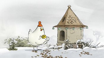 Movie still from “The Big Bad Fox and Other Tales” (2017), directed by Patrick Imbert – A cartoon of a chicken holding a ball in front of a house; Wide shot, Low angle