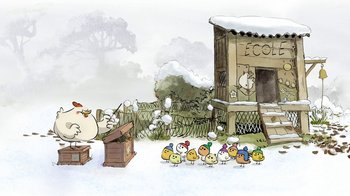 Movie still from “The Big Bad Fox and Other Tales” (2017), directed by Patrick Imbert – A group of chickens standing around a building; Extreme Wide shot, Low angle