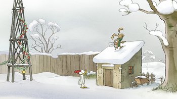 Movie still from “The Big Bad Fox and Other Tales” (2017), directed by Patrick Imbert – An illustration of a chicken and a rabbit on a roof; Extreme Wide shot, Low angle