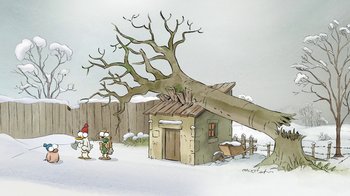 Movie still from “The Big Bad Fox and Other Tales” (2017), directed by Patrick Imbert – A cartoon drawing of a tree falling on a house; Extreme Wide shot, Low angle