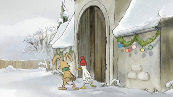 Movie still from “The Big Bad Fox and Other Tales” (2017), directed by Patrick Imbert – A couple of animals standing next to each other on a snowy day; Wide shot, Over the shoulder angle
