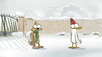 Movie still from “The Big Bad Fox and Other Tales” (2017), directed by Patrick Imbert – A couple of birds standing next to each other in the snow; Wide shot, Over the shoulder angle
