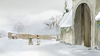 Movie still from “The Big Bad Fox and Other Tales” (2017), directed by Patrick Imbert – A couple of people standing next to each other in the snow; Extreme Wide shot, Over the shoulder angle