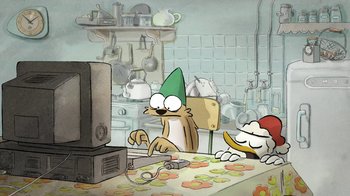 Movie still from “The Big Bad Fox and Other Tales” (2017), directed by Patrick Imbert – A group of cartoon characters sitting in a kitchen; Wide shot, High angle